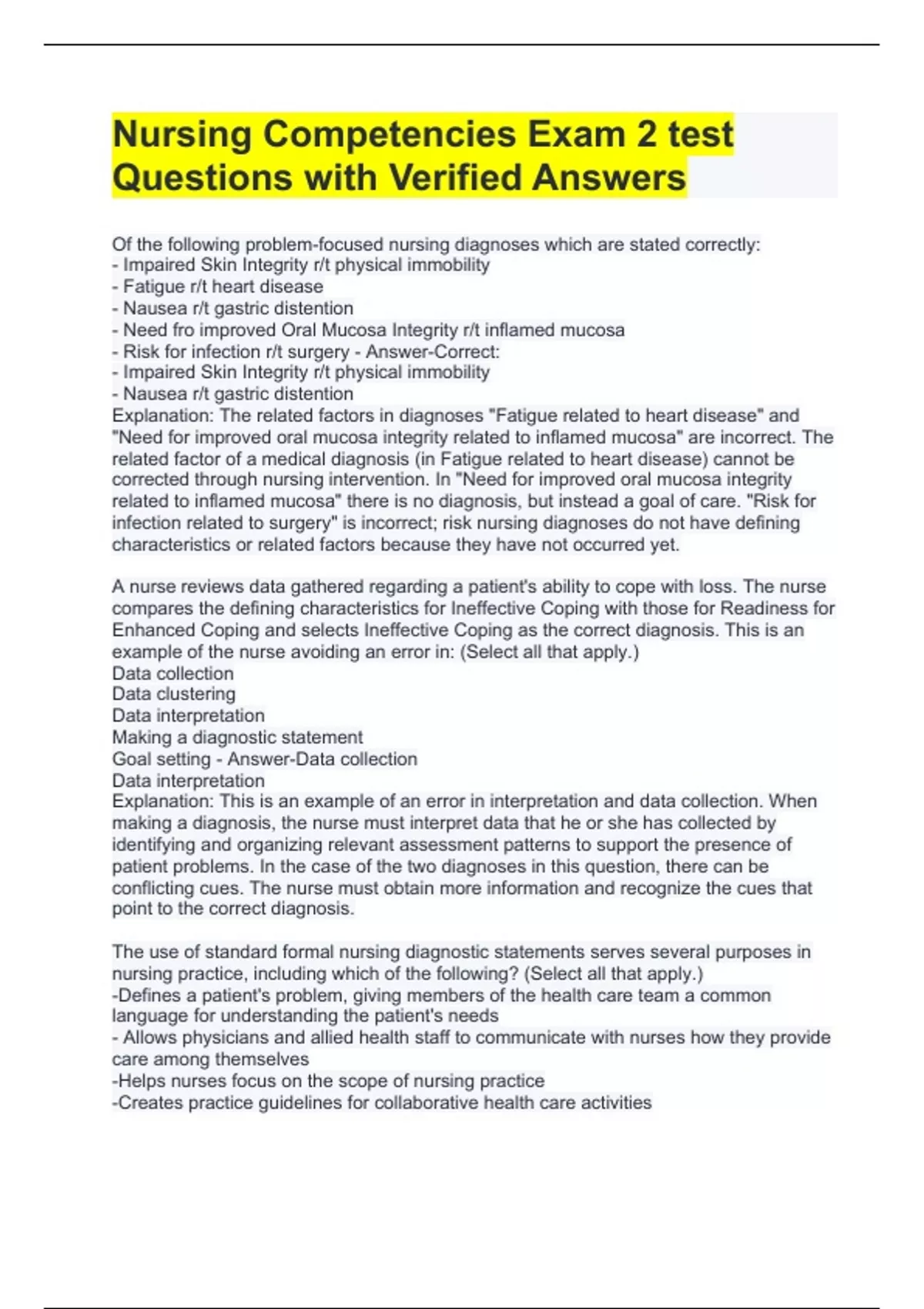 Check Competency Answers Nursing Competencies Exam 2 test Questions with Verified Answers ...