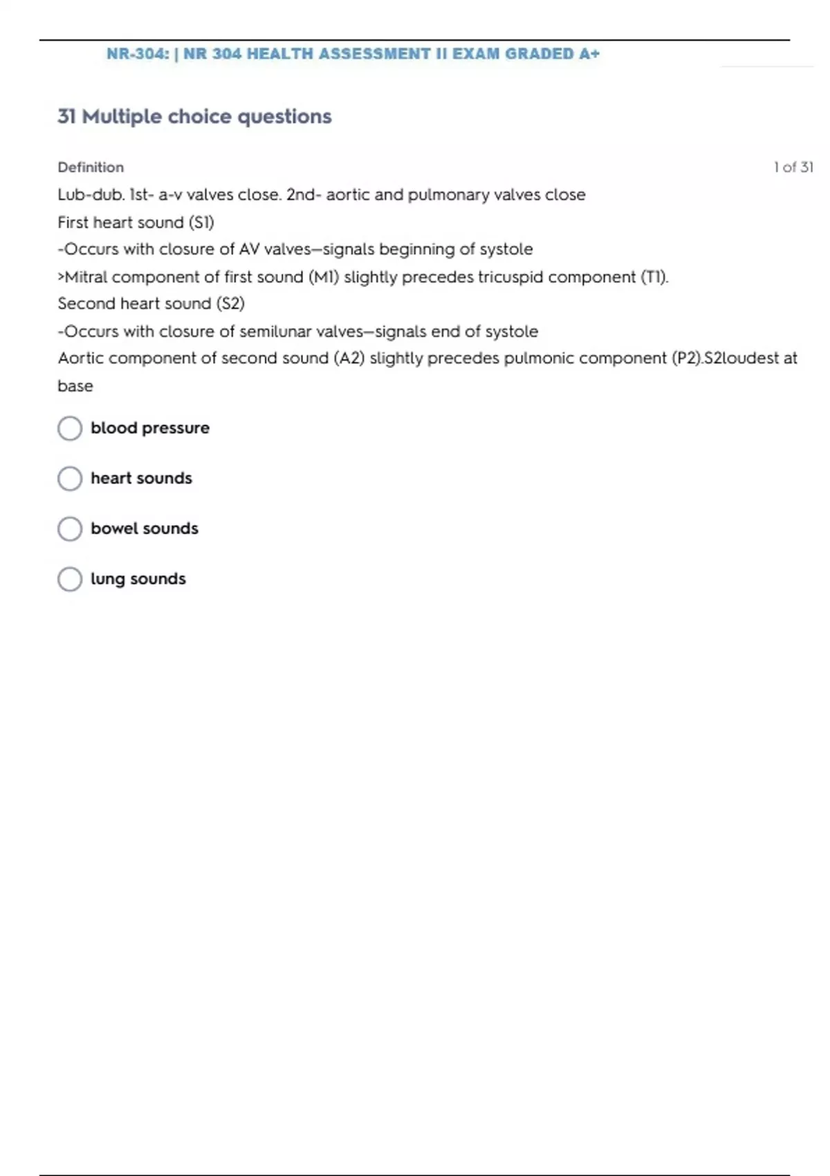 NR 304 HEALTH ASSESSMENT II PRACTICE TEST 33 WITH 100% SOLVED SOLUTIONS ...