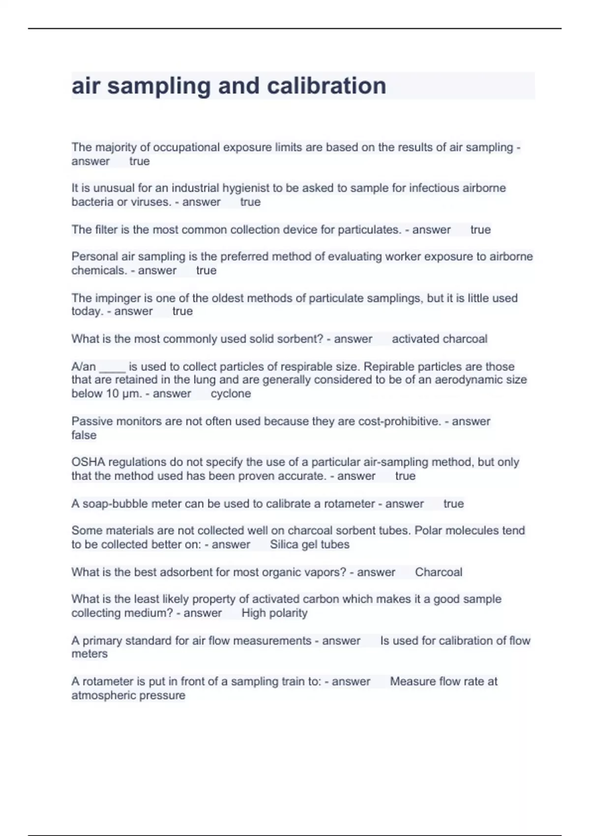 air sampling and calibration questions with correct answers 2024 Air