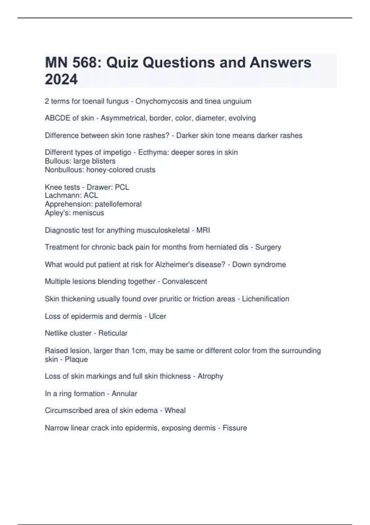 Questions Mn MN 568: Quiz Questions and Answers 2024 - MN 568 - Stuvia US