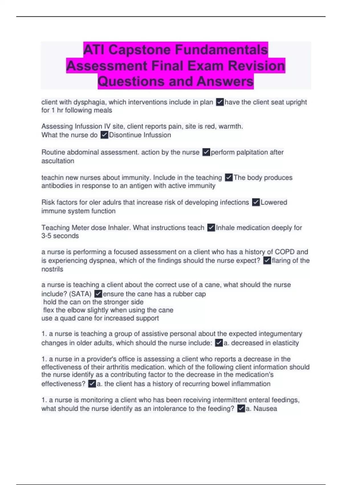 ATI Capstone Fundamentals Assessment Final Exam Revision Questions and ...