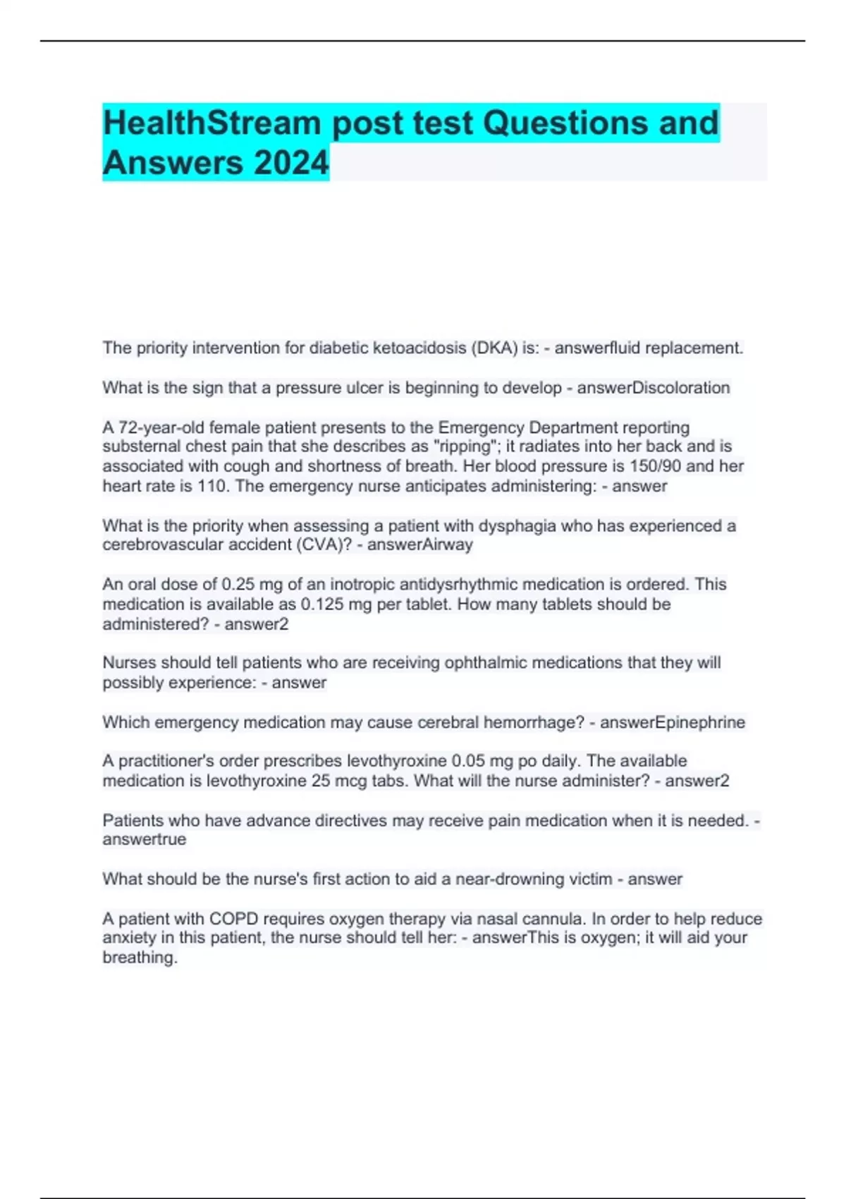 HealthStream post test Questions and Answers 2024 - Healthstream ...