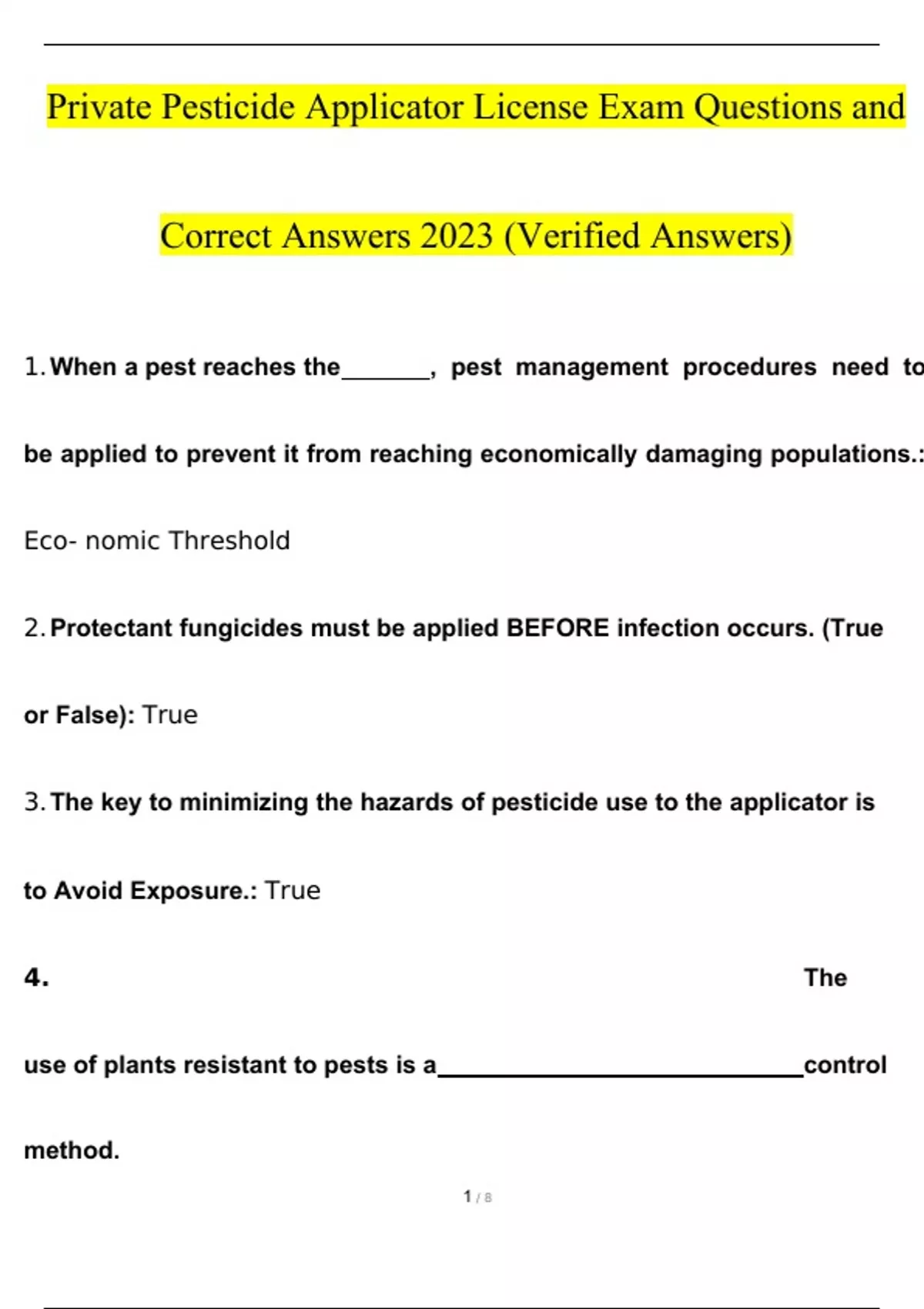 Private Pesticide Applicator License Exam Questions and Answers 2023