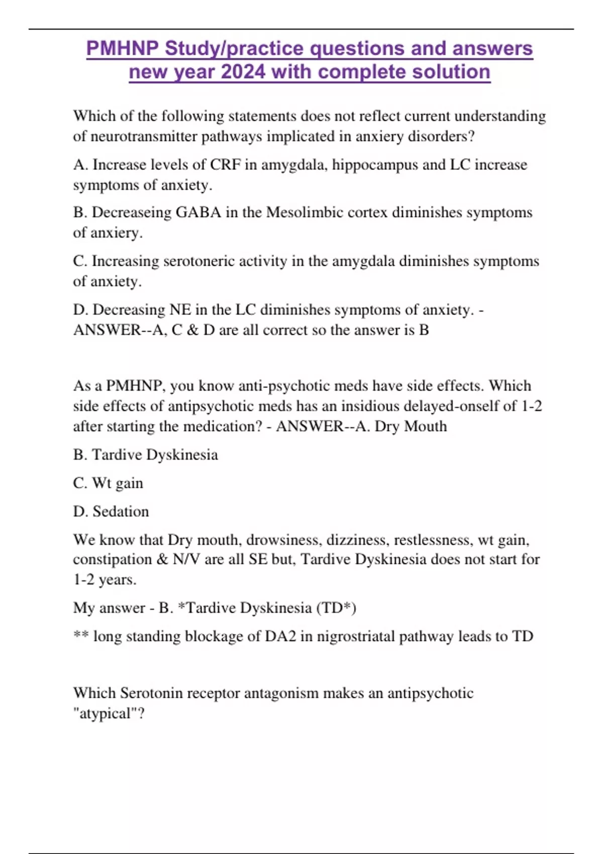 PMHNP Study/practice questions and answers new year 2024 with complete ...