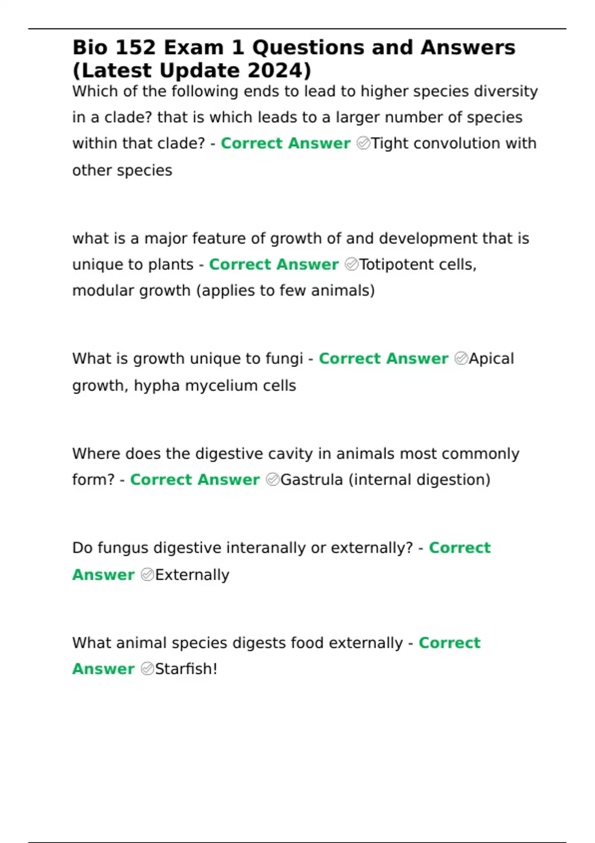 Bio 152 Exam 1 Questions and Answers (Latest Update 2024) - Bio 152 ...