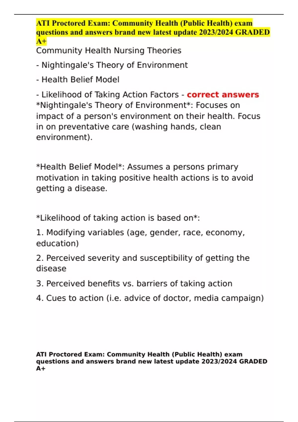 ATI Proctored Exam Community Health (Public Health) exam questions and