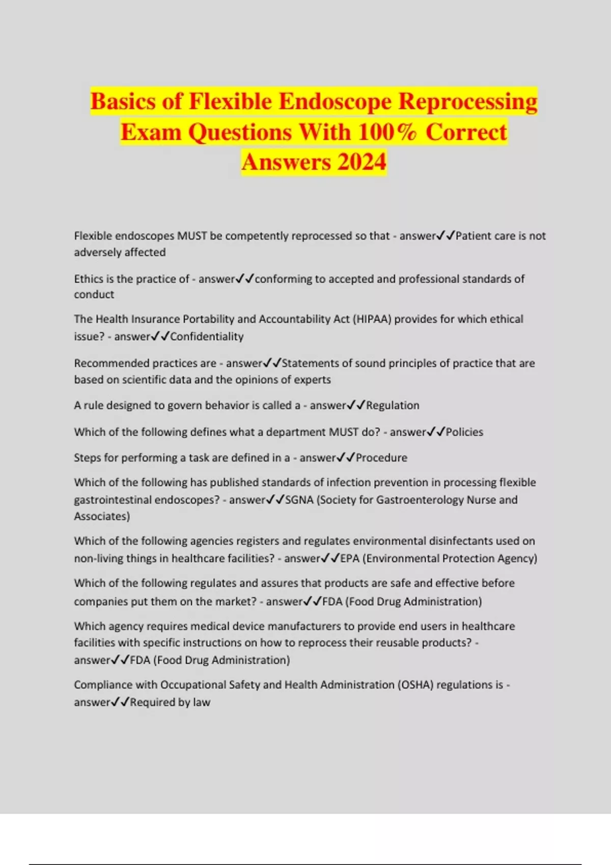 Basics of Flexible Endoscope Reprocessing Exam Questions With 100