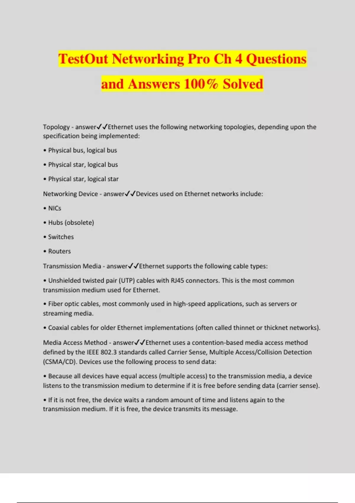 TestOut Networking Pro Ch 4 Questions and Answers 100 Solved TestOut