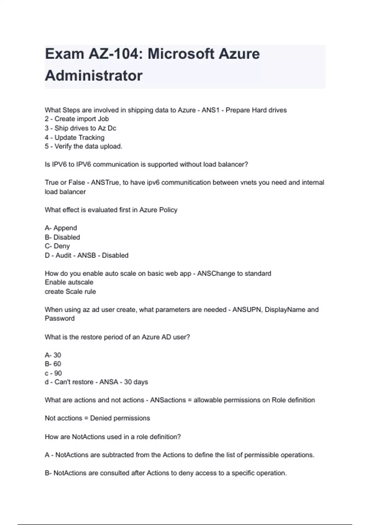Exam AZ-104: Microsoft Azure Administrator 2024/2025 graded A+ - AZ 104 ...