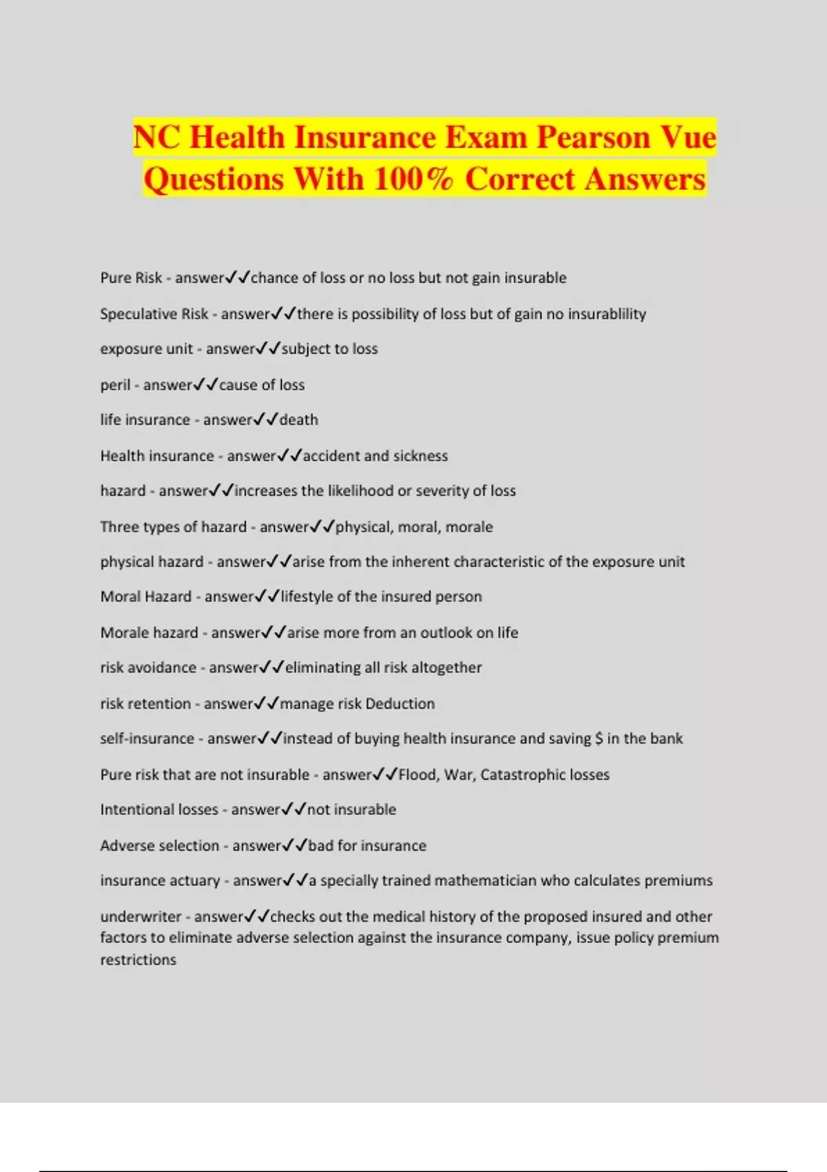 NC Health Insurance Exam Pearson Vue Questions With 100 Correct