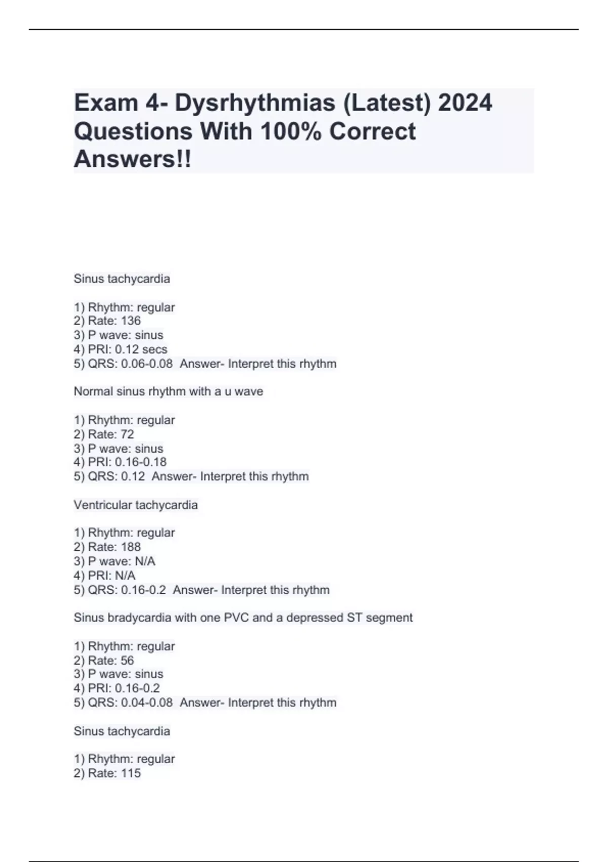 Exam 4- Dysrhythmias (Latest) 2024 Questions With 100% Correct Answers ...