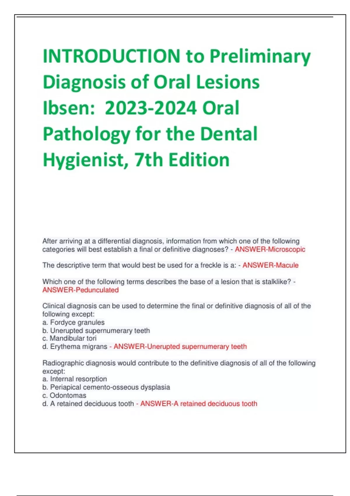 INTRODUCTION to Preliminary Diagnosis of Oral Lesions Ibsen: Oral ...