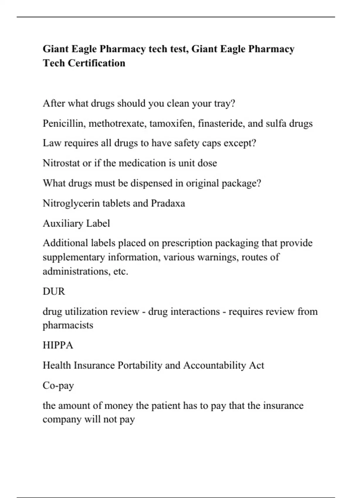 Giant Eagle Pharmacy tech test Giant Eagle Pharmacy Tech Certification