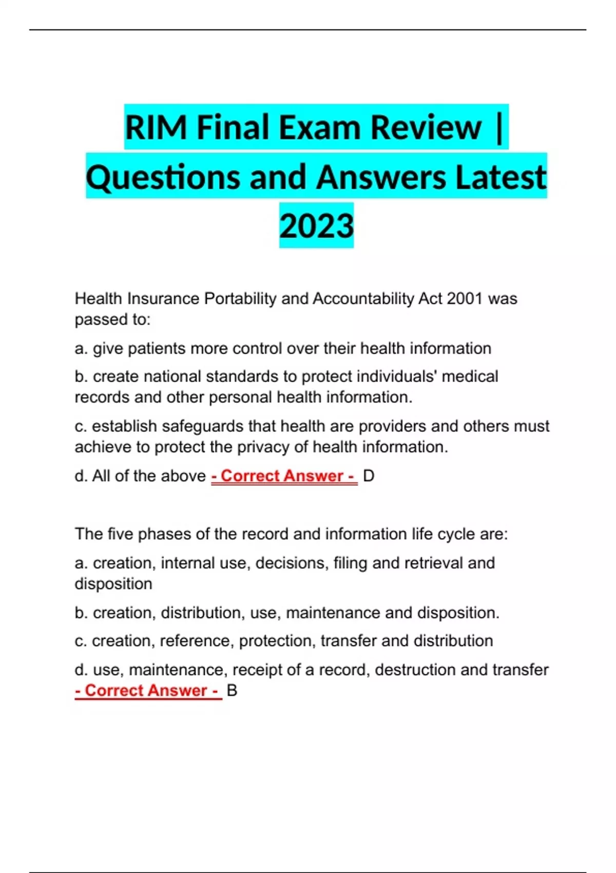 RIM Final Exam Review | Questions and Answers Latest 2023 - RIMS CRMP ...