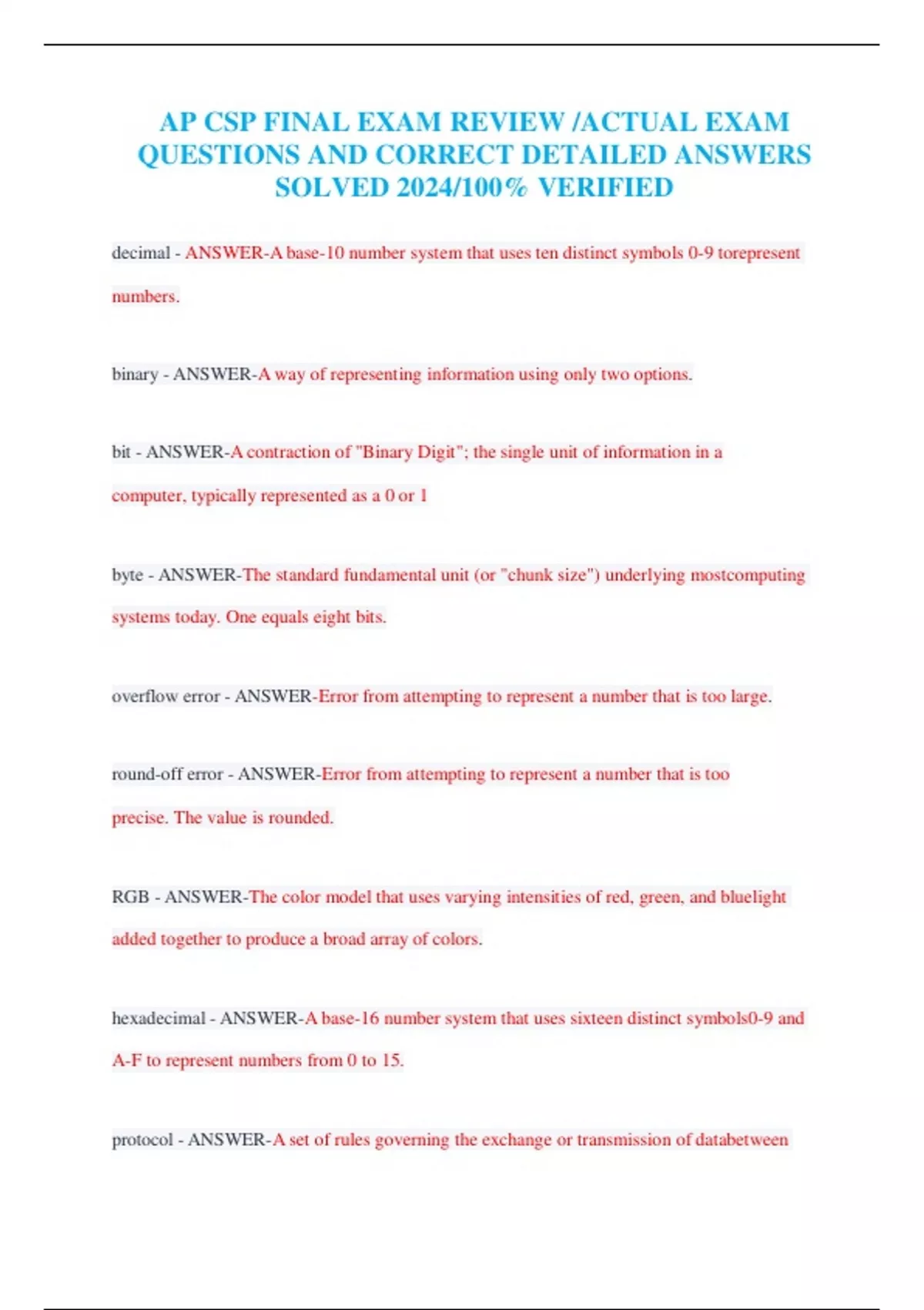 AP CSP FINAL EXAM REVIEW /ACTUAL EXAM QUESTIONS AND CORRECT DETAILED ...