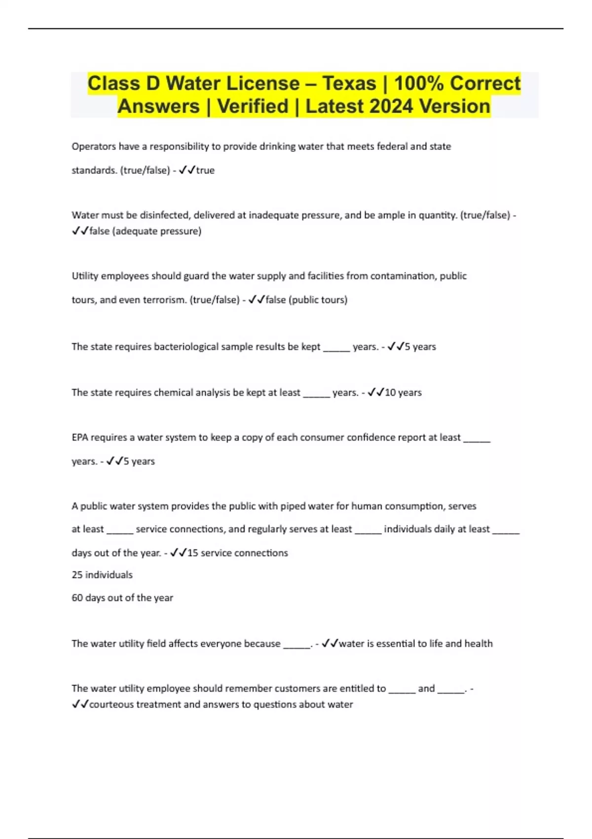 Class D Water License Texas 100 Correct Answers Verified