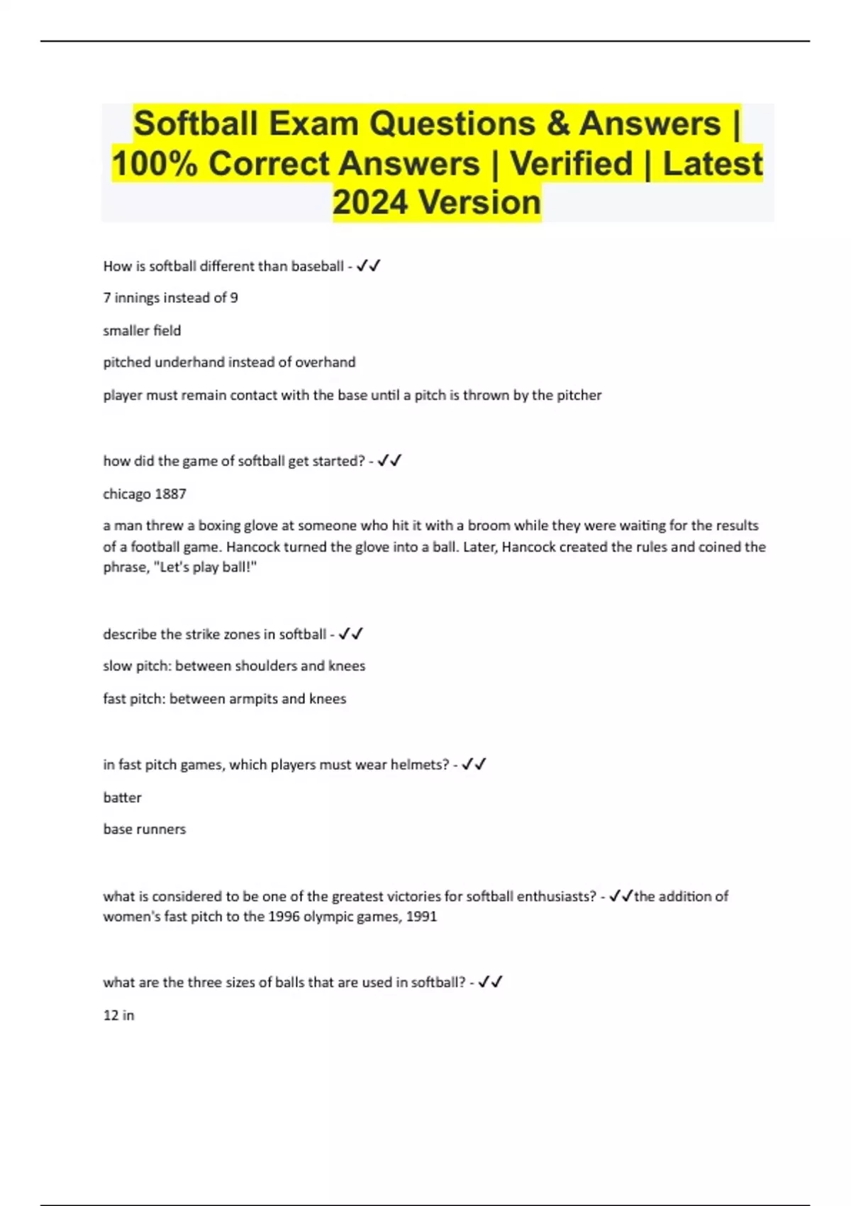 Softball Exam Questions & Answers 100 Correct Answers Verified