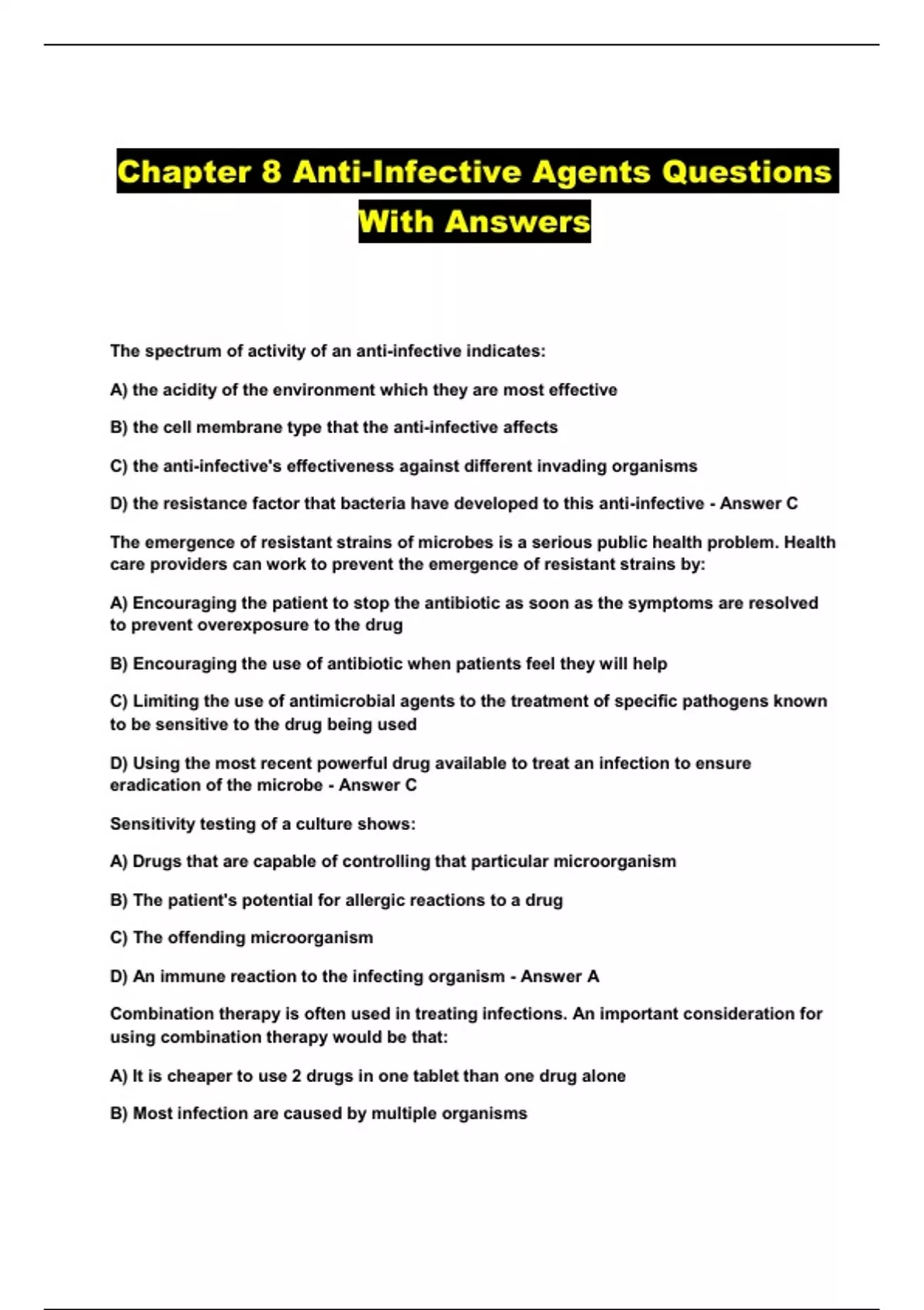 Chapter 8 Anti-Infective Agents Questions With Answers - Chapter 8 Anti ...