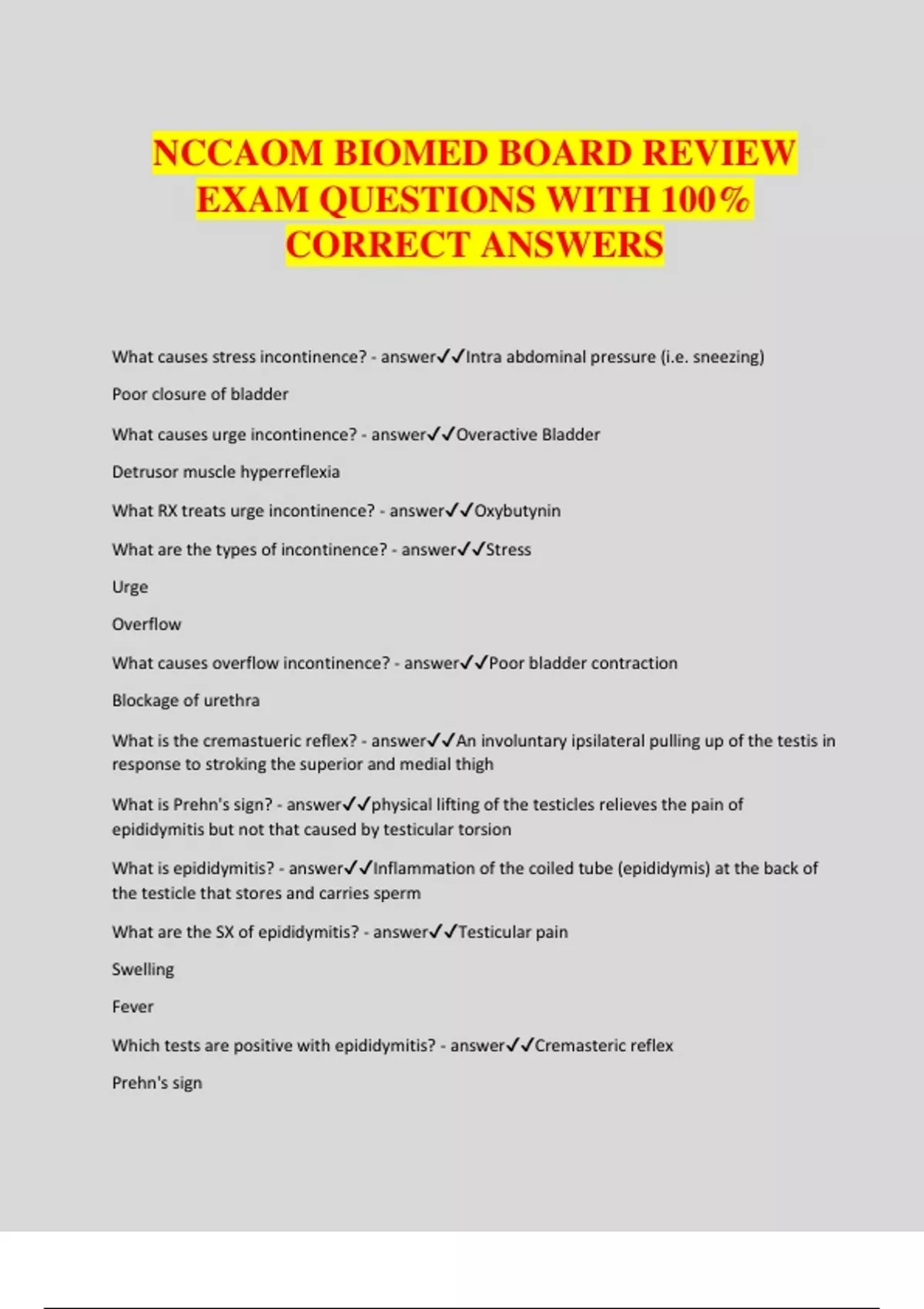 NCCAOM BIOMED BOARD REVIEW EXAM QUESTIONS WITH 100% CORRECT ANSWERS ...