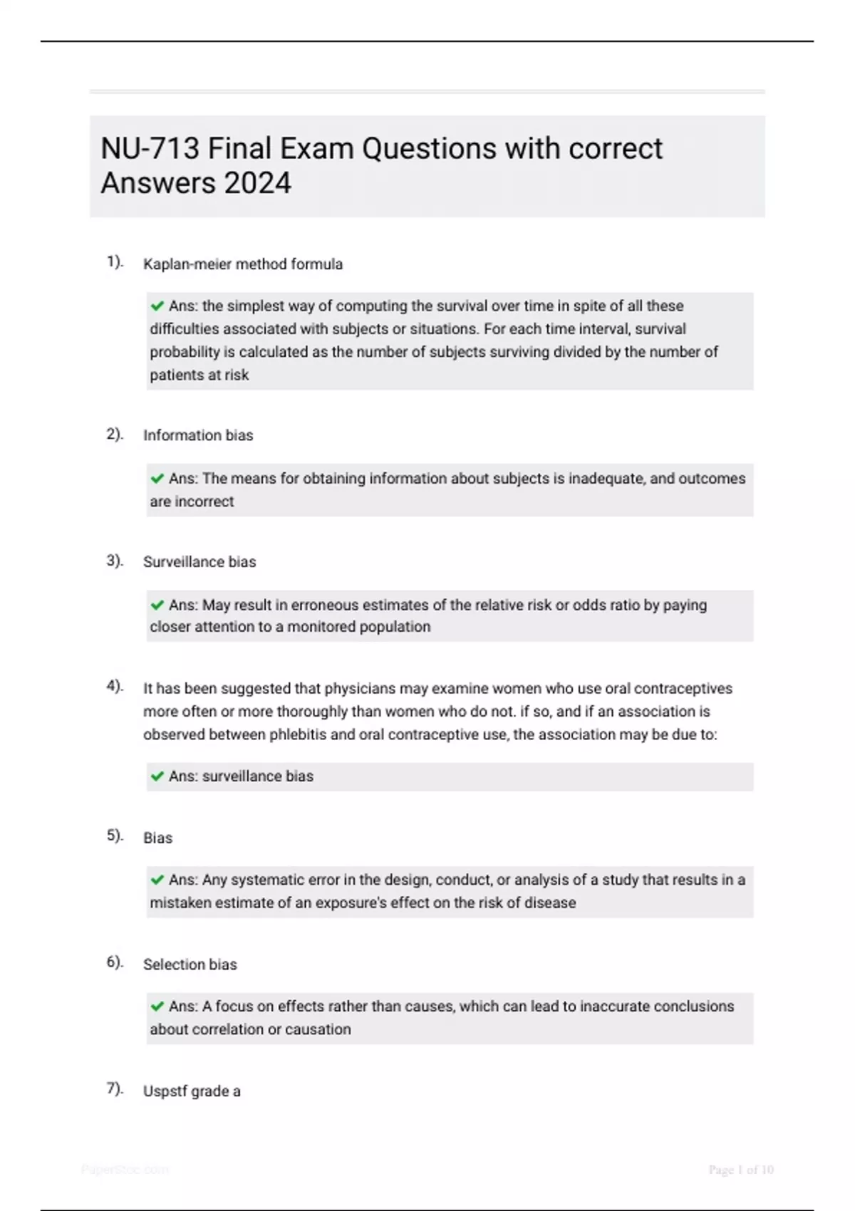 NU713 Final Exam Questions with correct Answers 2024 - NU1426 - Stuvia US