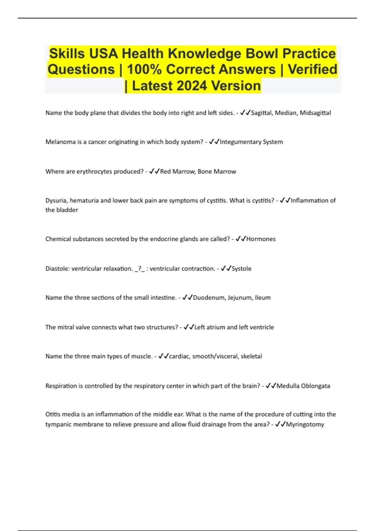 Skills USA Health Knowledge Bowl Practice Questions 100 Correct