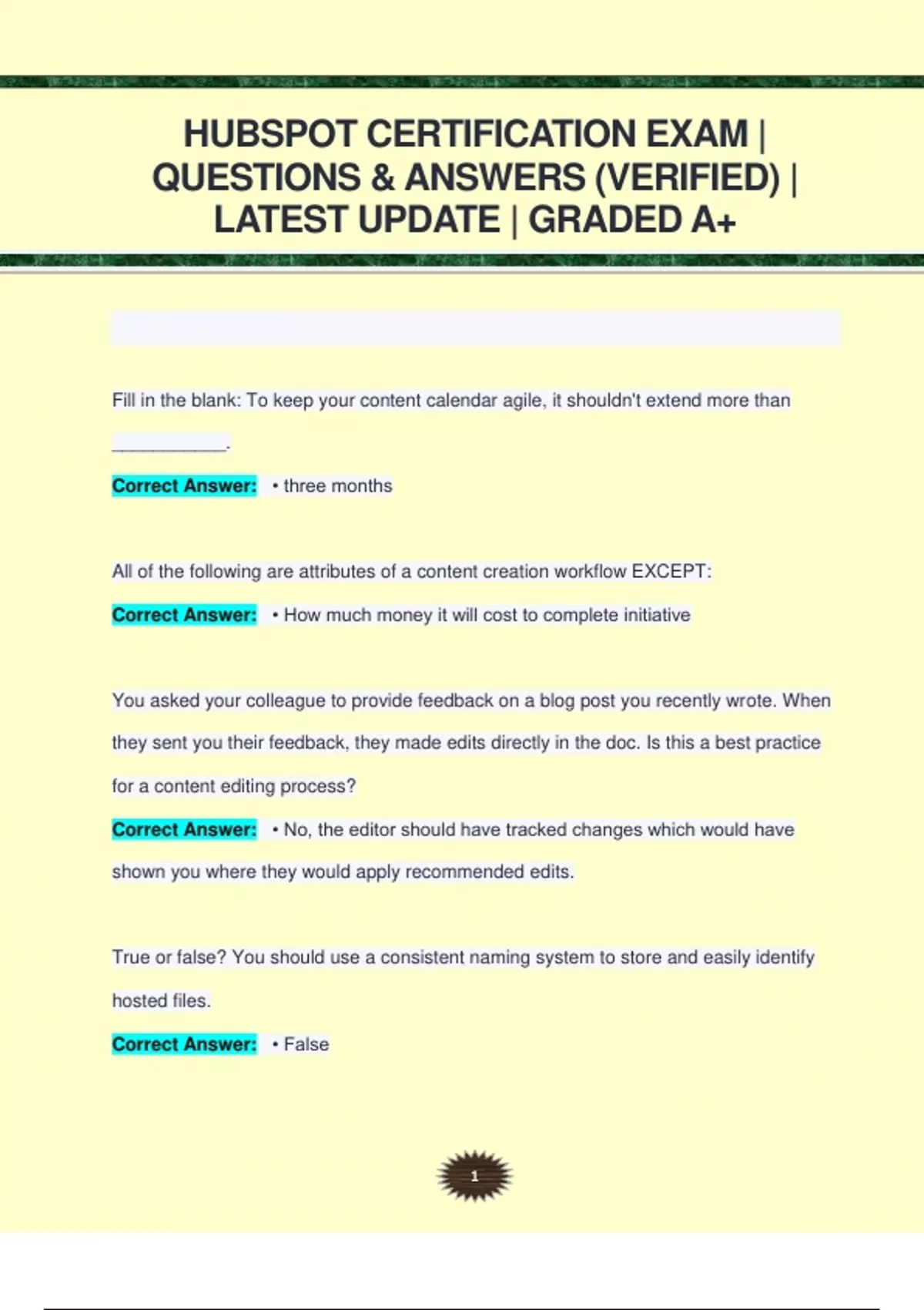 HUBSPOT CERTIFICATION EXAM QUESTIONS & ANSWERS (VERIFIED) LATEST