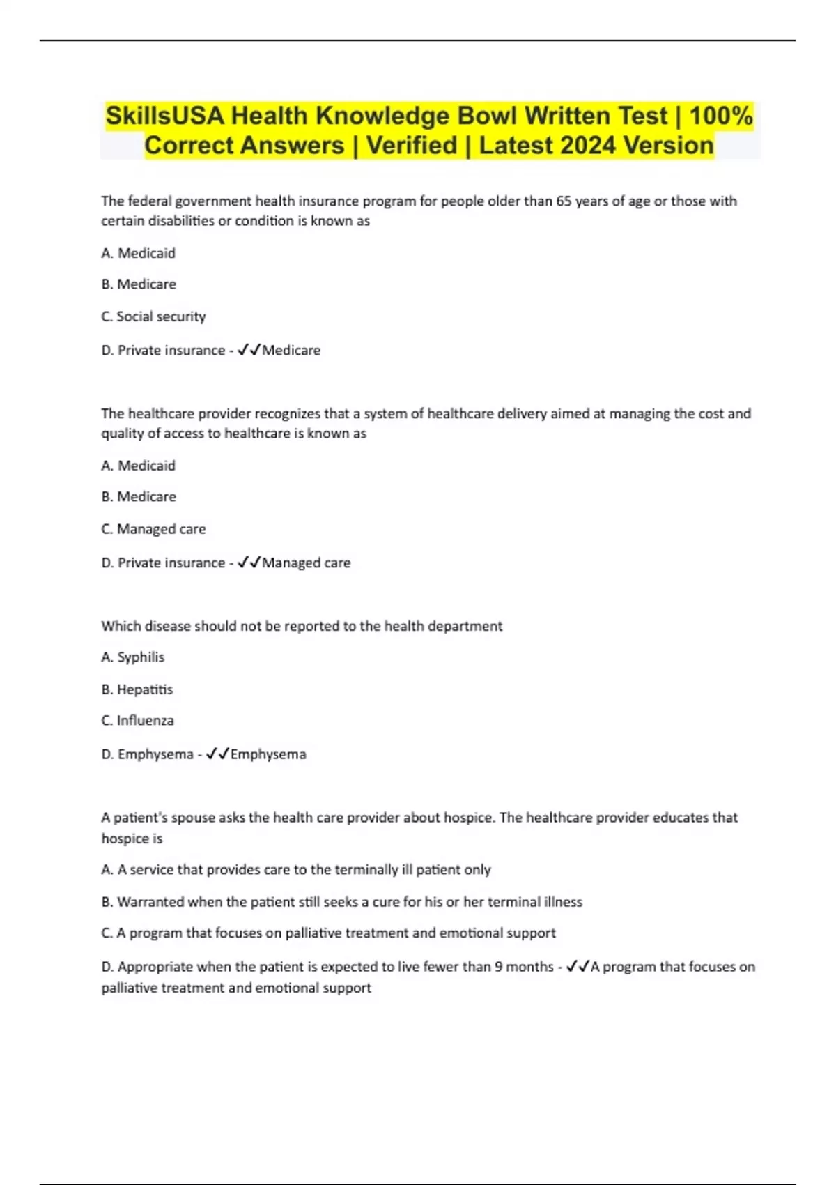 SkillsUSA Health Knowledge Bowl Written Test 100 Correct Answers