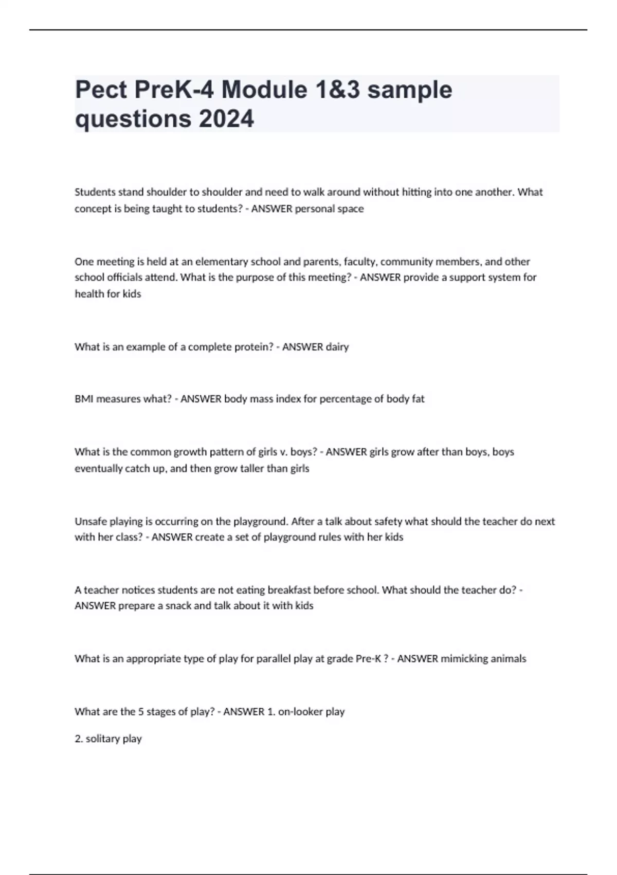 Pect Prek 4 Module 1 3 Sample Questions 2024 Pect Prek 4 Stuvia Us