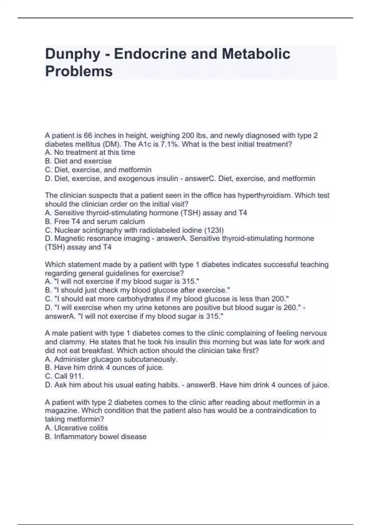 Curated visual reference: Picture Idea: Dunphy Endocrine And Metabolic Problems Questions And Answers 2024