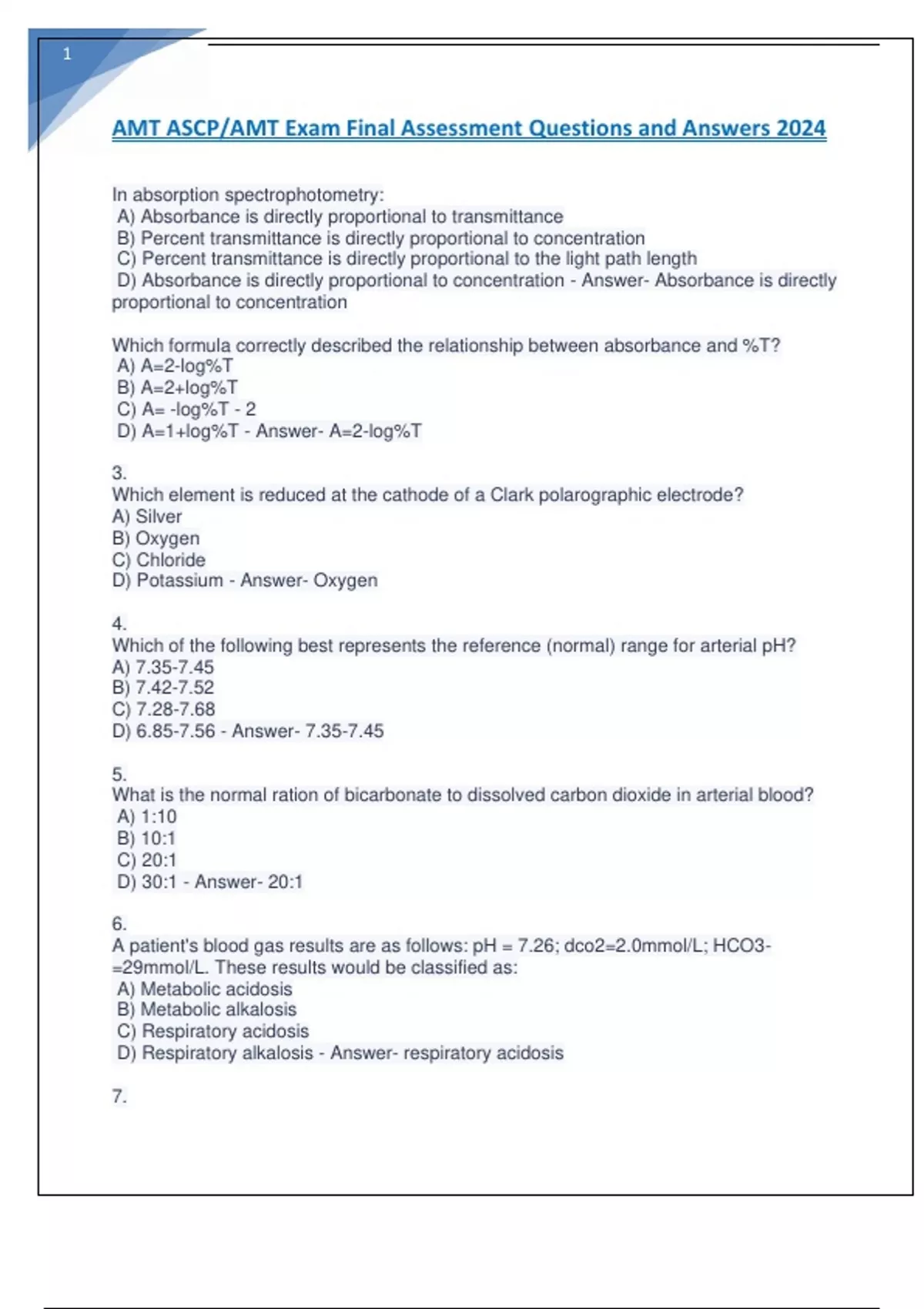 AMT ASCPAMT Exam Final Assessment Questions and Answers 2024. ASCP