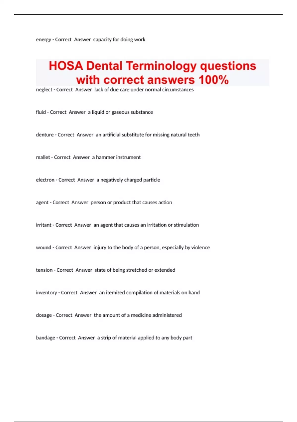 HOSA Dental Terminology questions with correct answers 100 HOSA