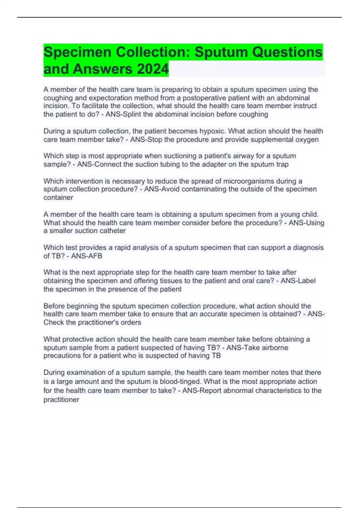 Specimen Collection: Sputum Questions and Answers 2024 - Sputum - Stuvia US