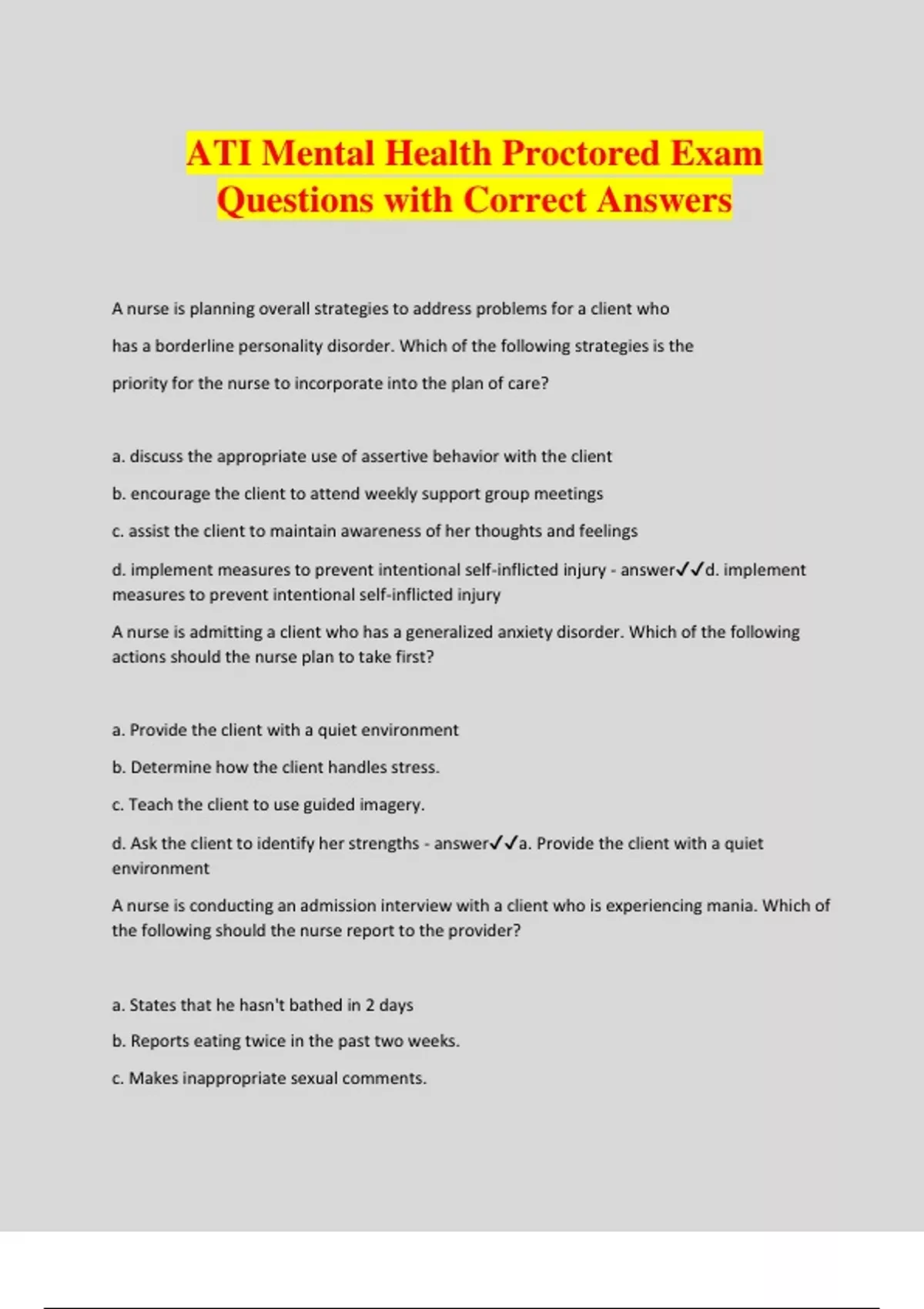 ATI Mental Health Proctored Exam Questions with Correct Answers - Ati ...