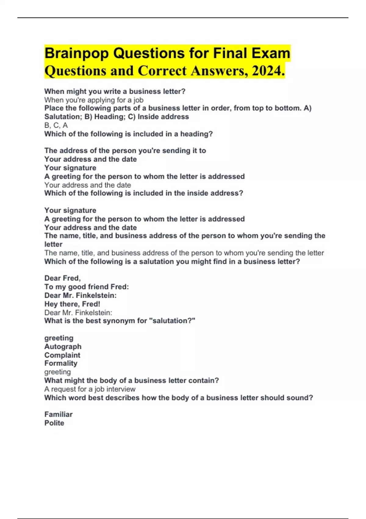 Brainpop Questions for Final Exam Questions and Correct Answers, 2024