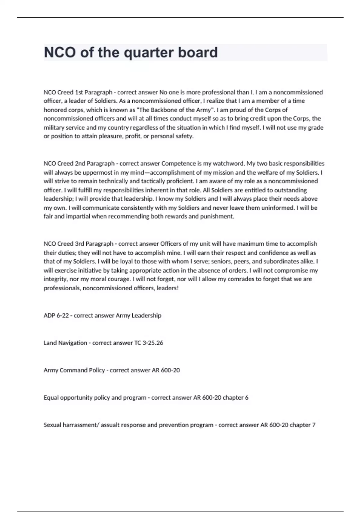 NCO of the quarter board questions and answers already solved 2024