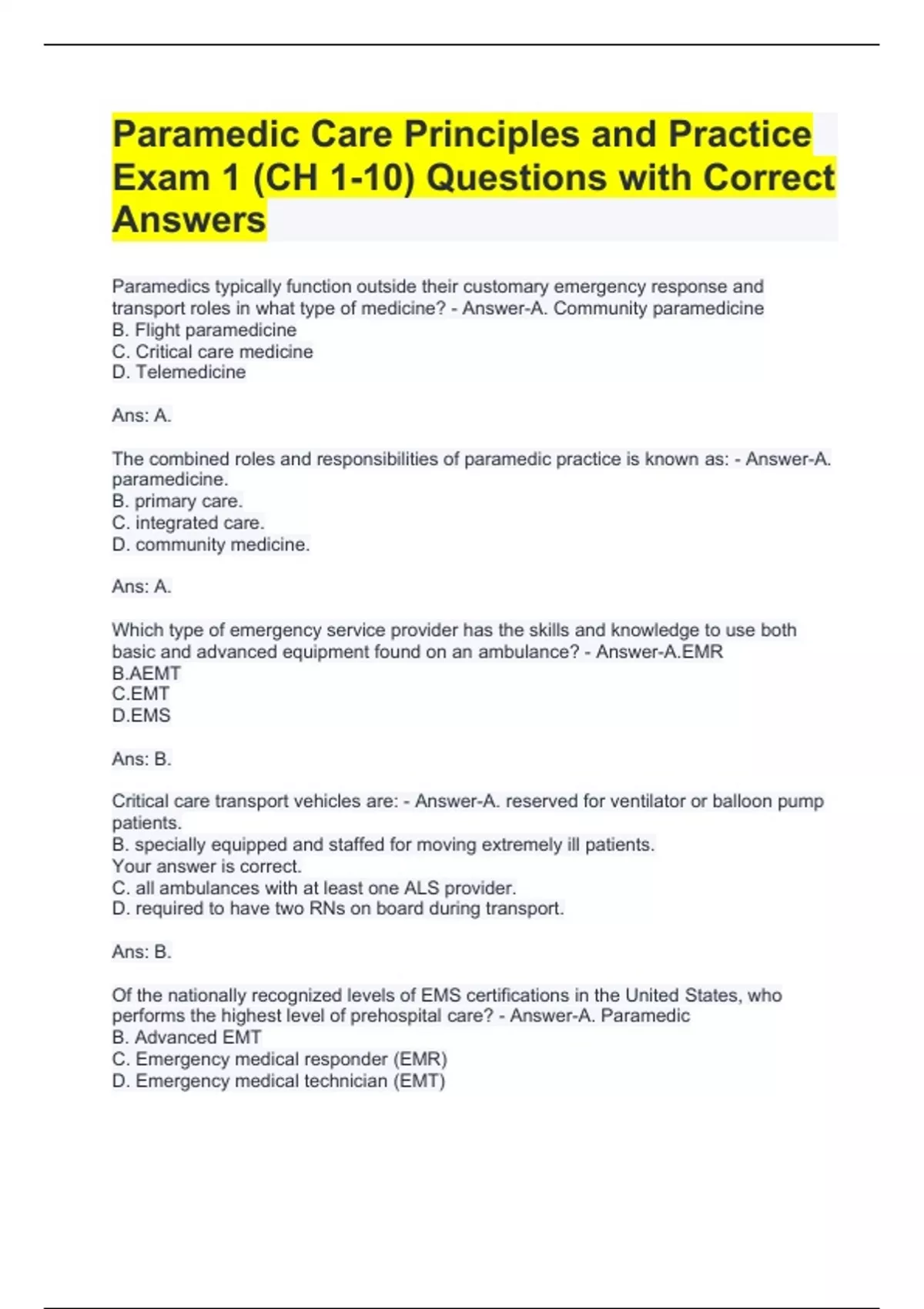 Paramedic Care Principles and Practice Exam 1 (CH 1 10) Questions with Paramedic Care Principles and Practice Exam 1 (CH 1 10) Questions with