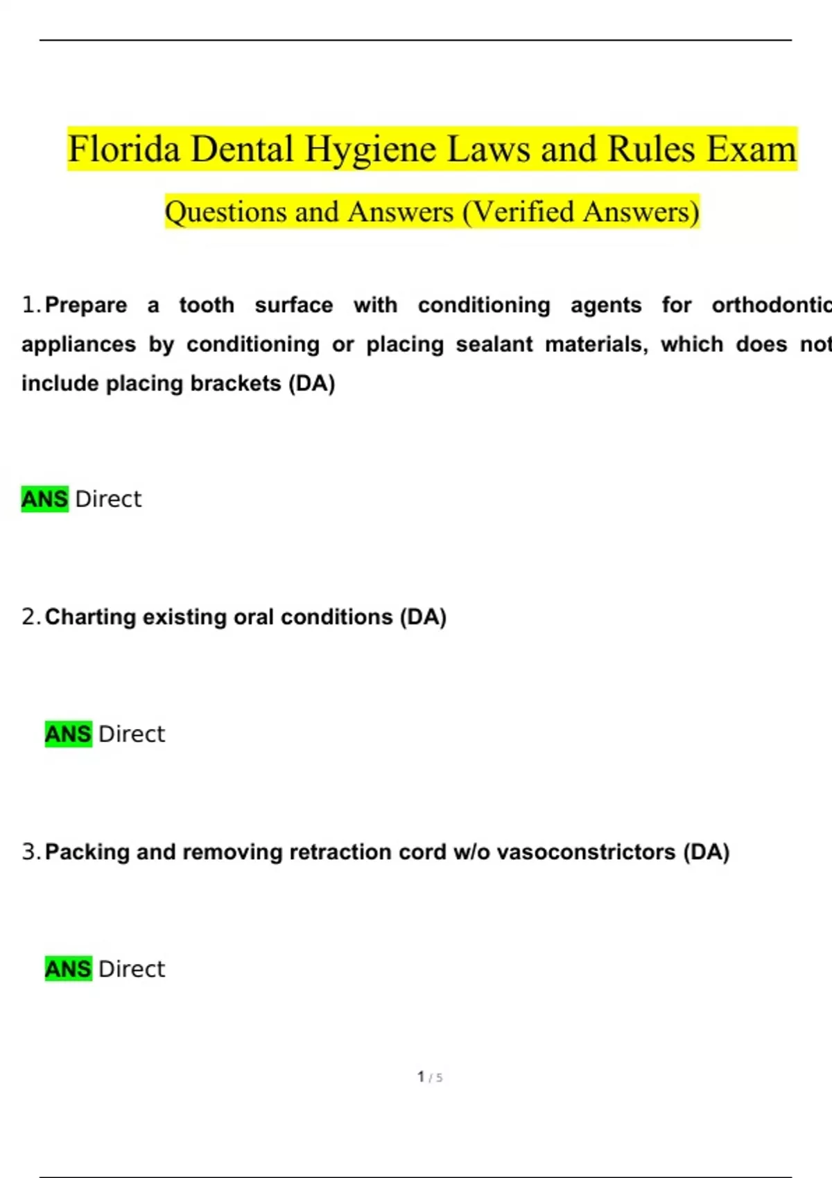 Florida Dental Hygiene Laws and Rules Exam Questions and Answers (2024