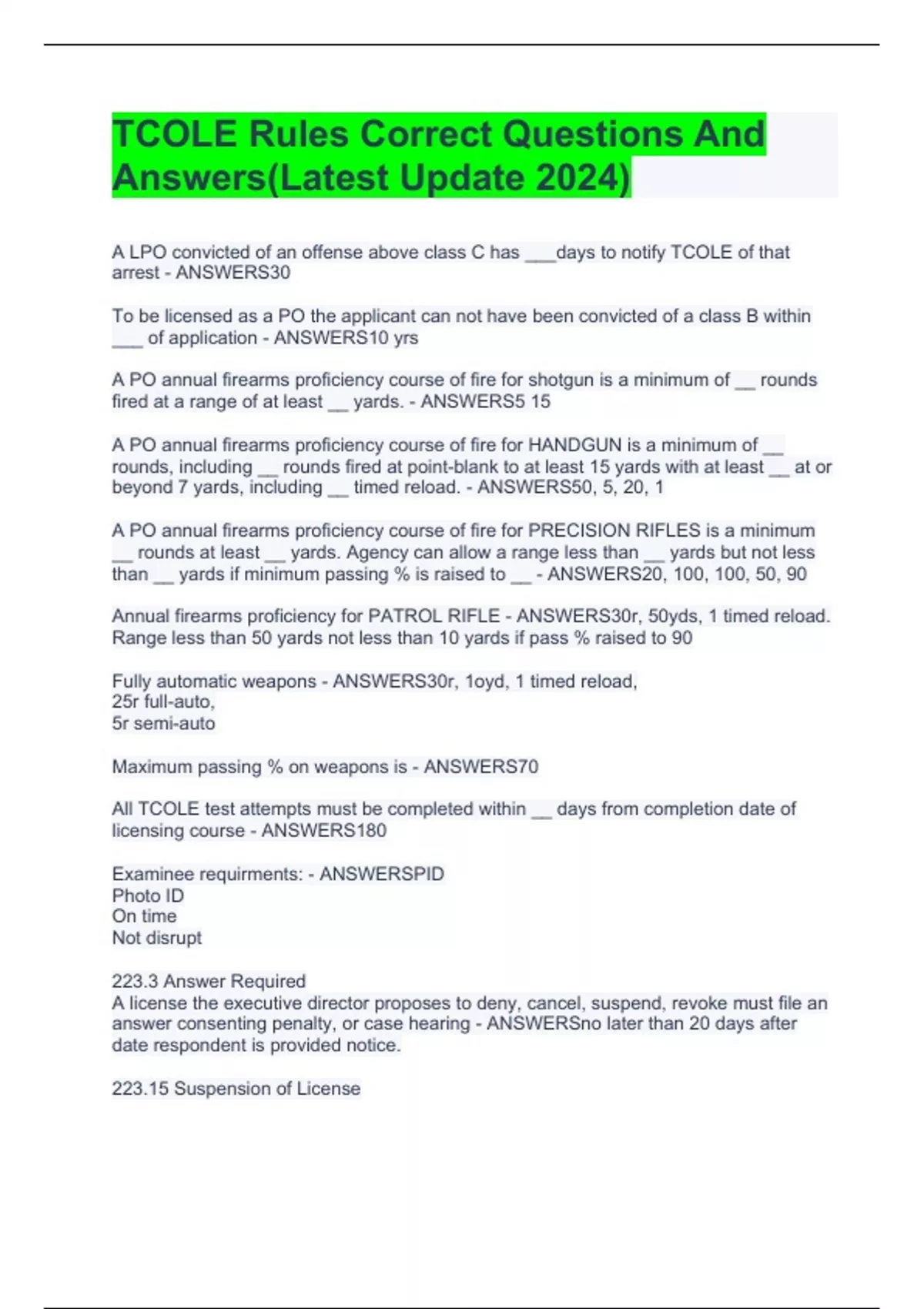 TCOLE Rules Correct Questions And Answers(Latest Update 2024) TCOLE