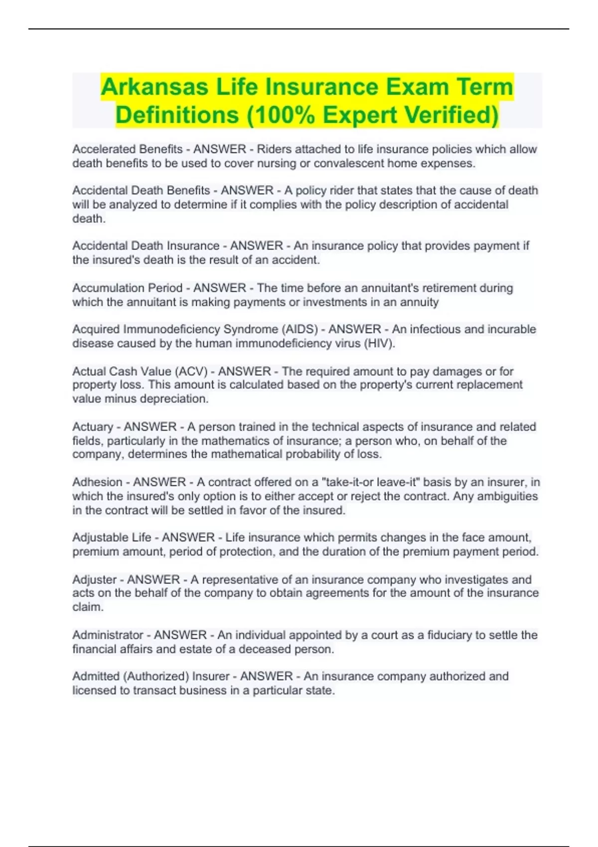 Arkansas Life Insurance Exam Term Definitions (100 Expert Verified