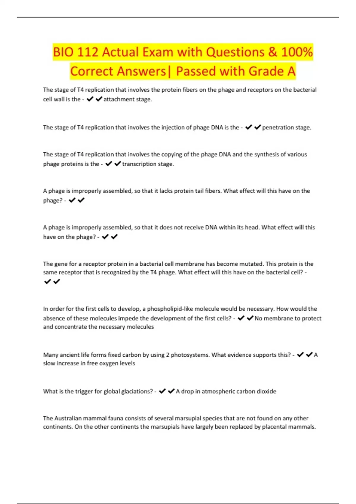 BIO 112 Actual Exam with Questions & 100% Correct Answers| Passed with ...