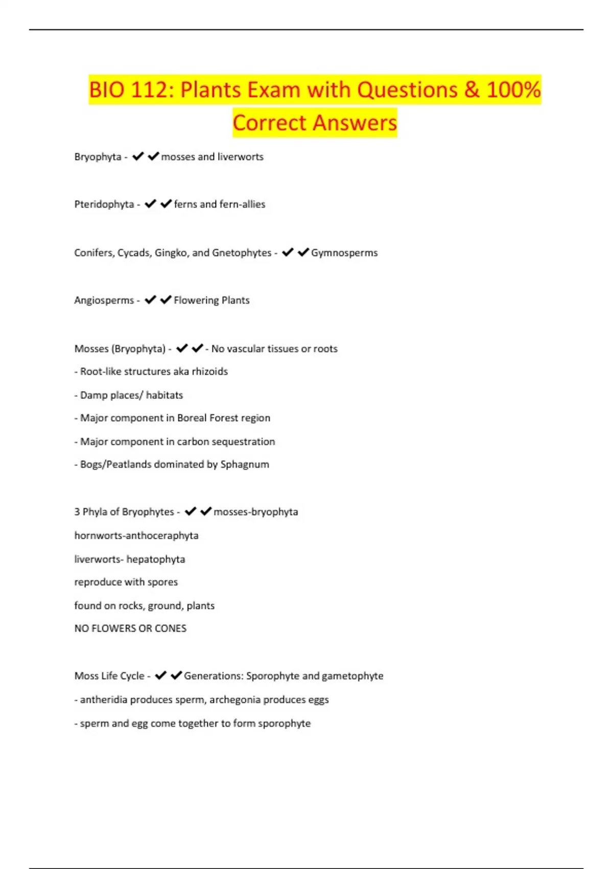 BIO 112: Plants Exam with Questions & 100% Correct Answers - BIO 112 ...