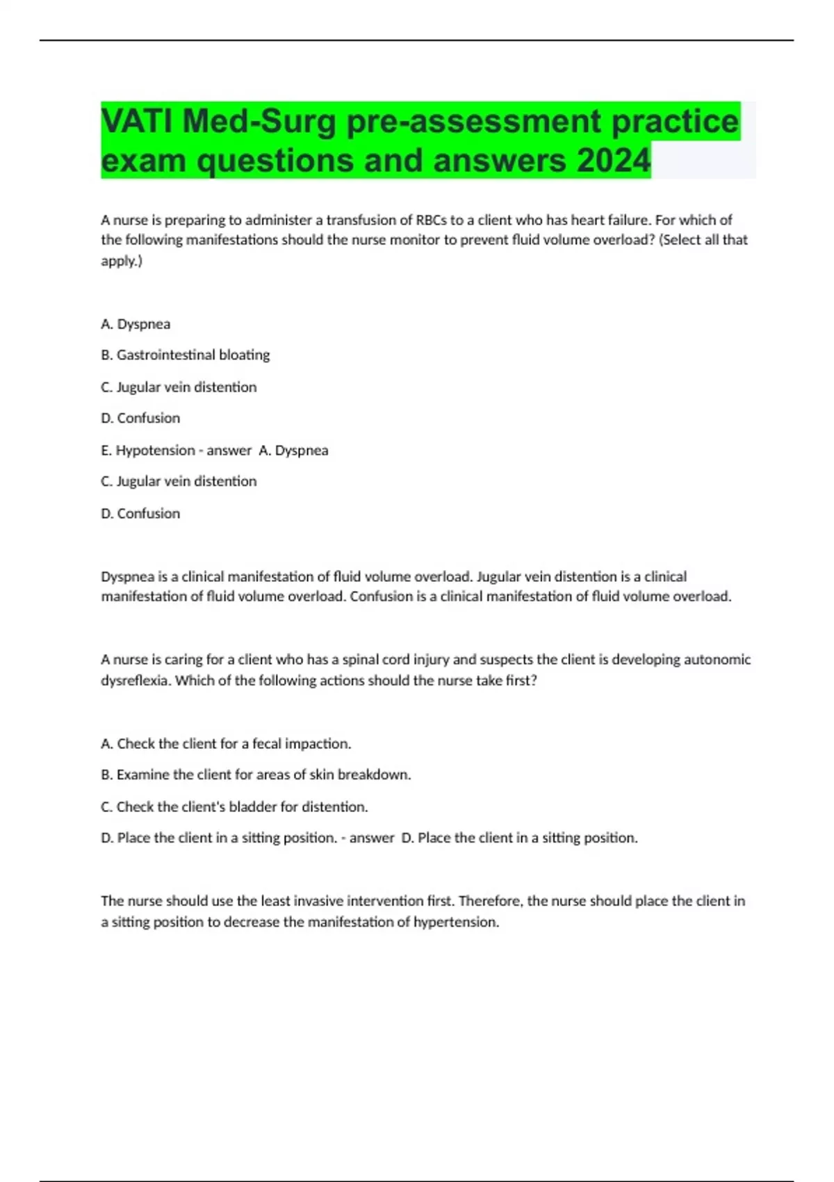 VATI MedSurg preassessment practice exam questions and answers 2024