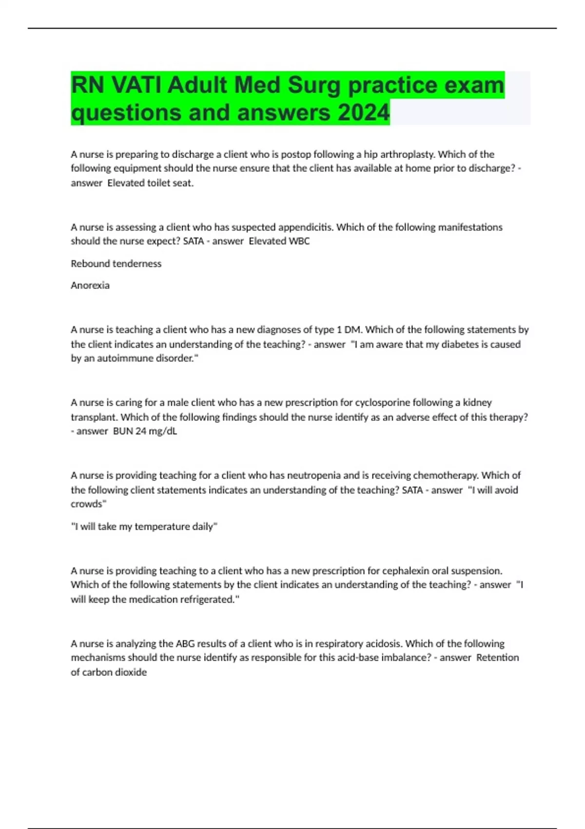 RN VATI Adult Med Surg practice exam questions and answers 2024 PN