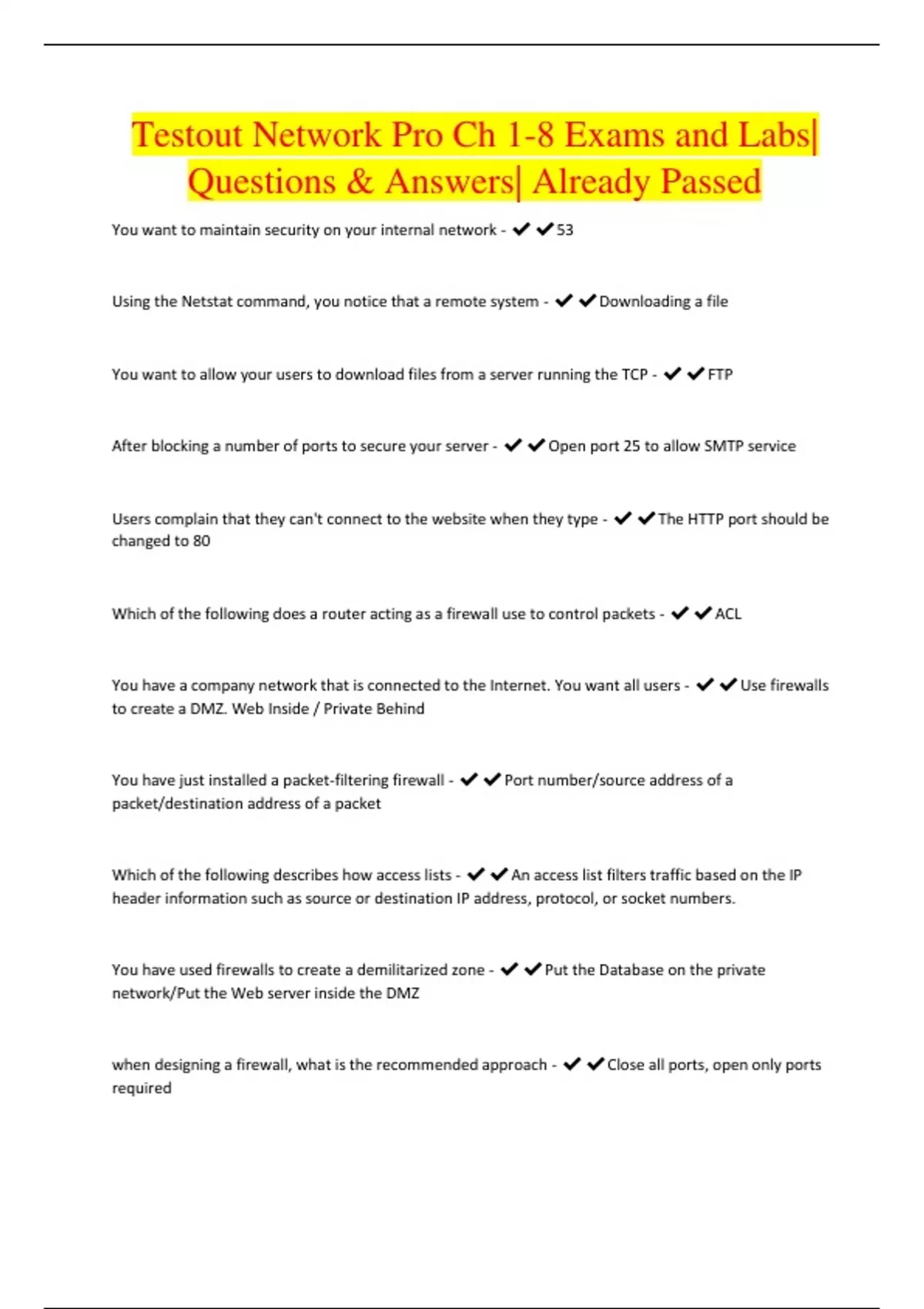 Testout Network Pro Ch 18 Exams and Labs Questions & Answers Already