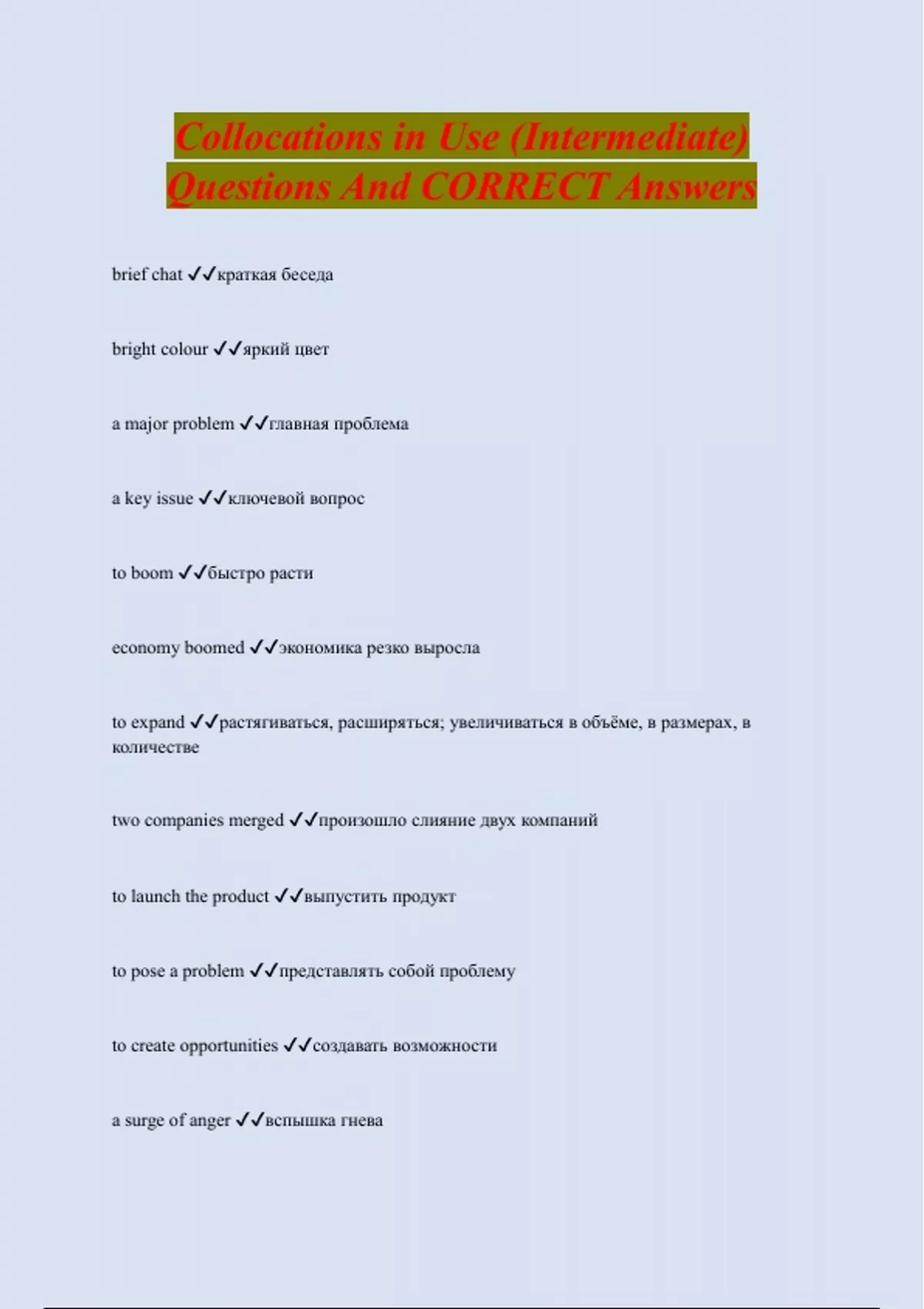 Collocations in Use (Intermediate) Questions And CORRECT Answers ...