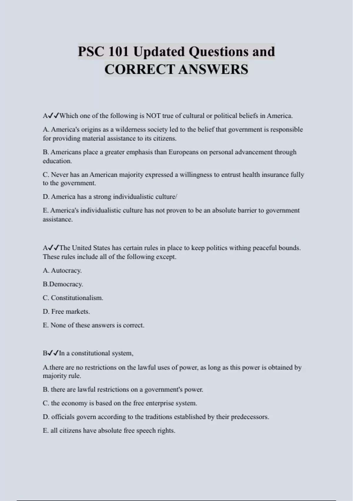 PSC 101 Updated Questions and CORRECT ANSWERS - PSC 101 - Stuvia US