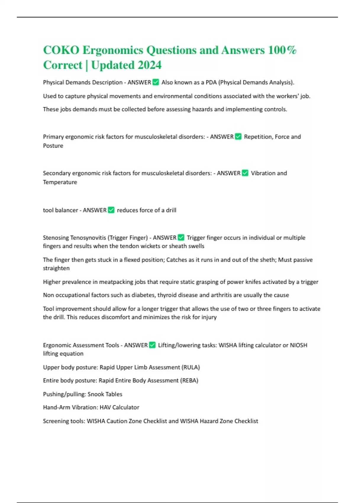 COKO Ergonomics Questions and Answers 100 Correct Updated 2024