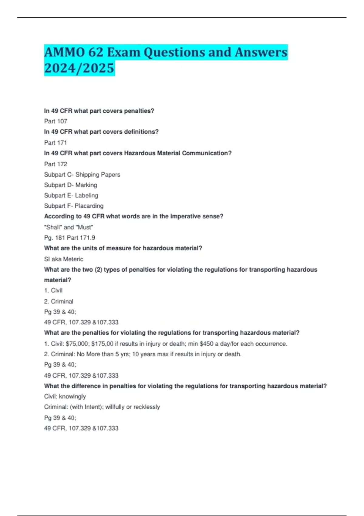 AMMO 62 Exam Questions and Answers 2024/2025 - AMMO 62 - Stuvia US