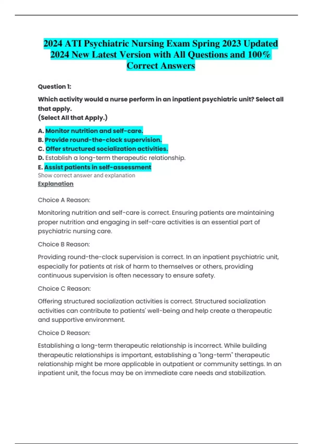 2024 ATI Psychiatric Nursing Exam Spring 2023 Updated 2024 New Latest ...