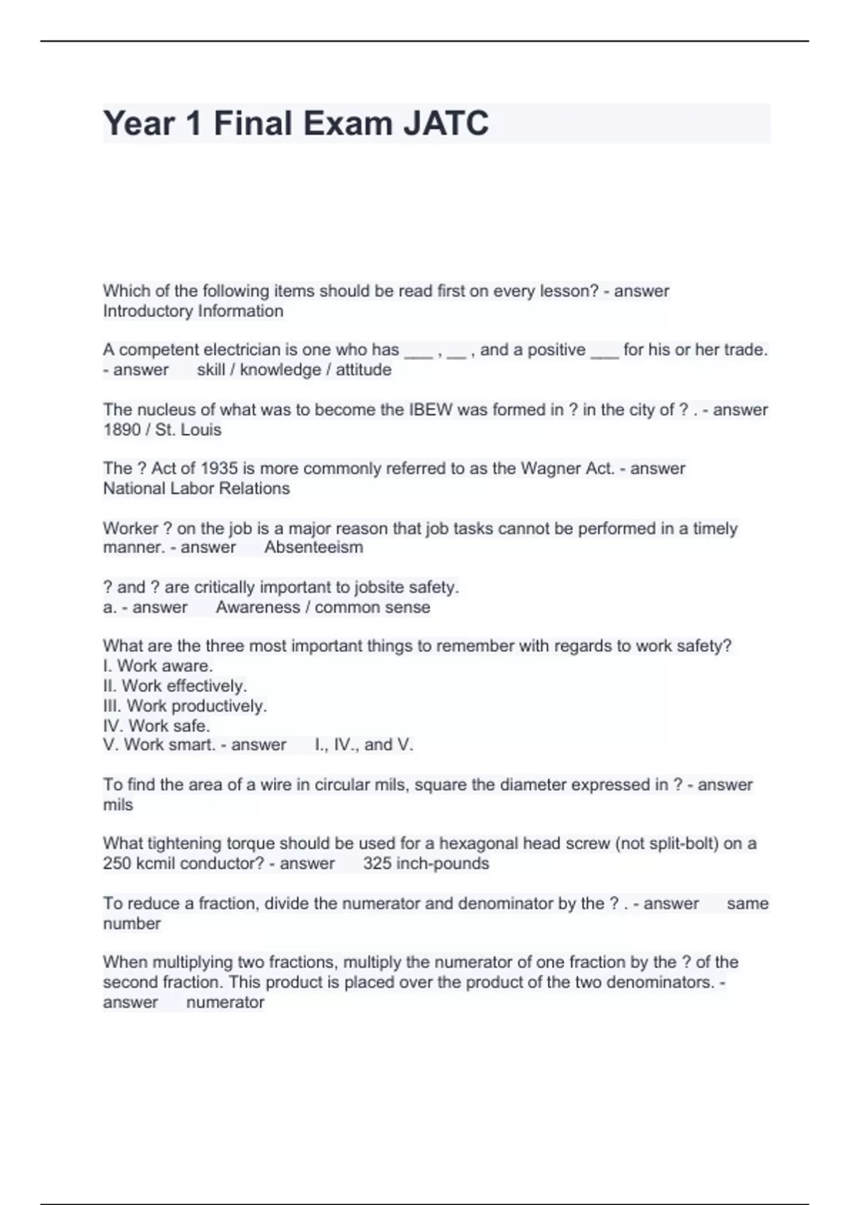 Year 1 Final Exam JATC Questions with correct Answers 2024 Jatc